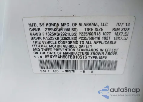 2015 Honda Pilot Ex-L from USA, damaged, VIN 5FNYF4H50FB010515